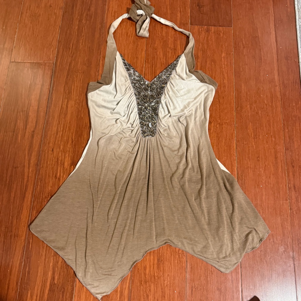 Y2K beaded halter top with asymmetrical handkerchief hem long too medium